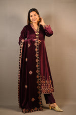 Load image into Gallery viewer, Wine Soft Premium Velvet Floral Embroidered Frock Suit
