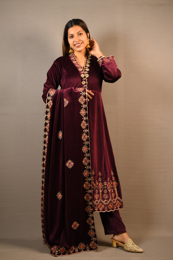 Wine Soft Premium Velvet Floral Embroidered Frock Suit