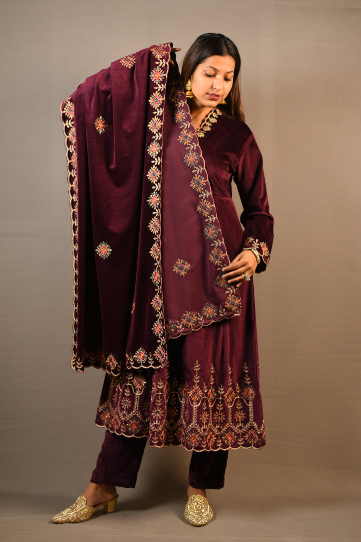 Wine Soft Premium Velvet Floral Embroidered Frock Suit