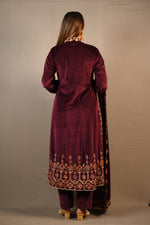 Load image into Gallery viewer, Wine Soft Premium Velvet Floral Embroidered Frock Suit
