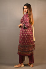 Load image into Gallery viewer, Maroon Karachi handwork on neck Print Woolen 3 Piece Suit
