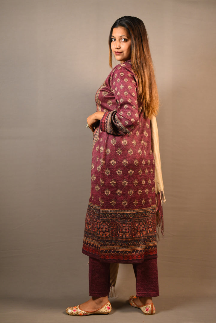 Maroon Karachi handwork on neck Print Woolen 3 Piece Suit