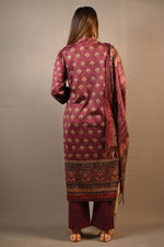 Load image into Gallery viewer, Maroon Karachi handwork on neck Print Woolen 3 Piece Suit
