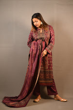 Load image into Gallery viewer, Maroon Karachi handwork on neck Print Woolen 3 Piece Suit
