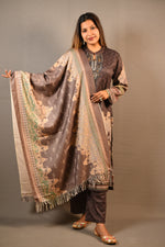 Load image into Gallery viewer, Brown Karachi handwork on neck Print Woolen 3 Piece Suit
