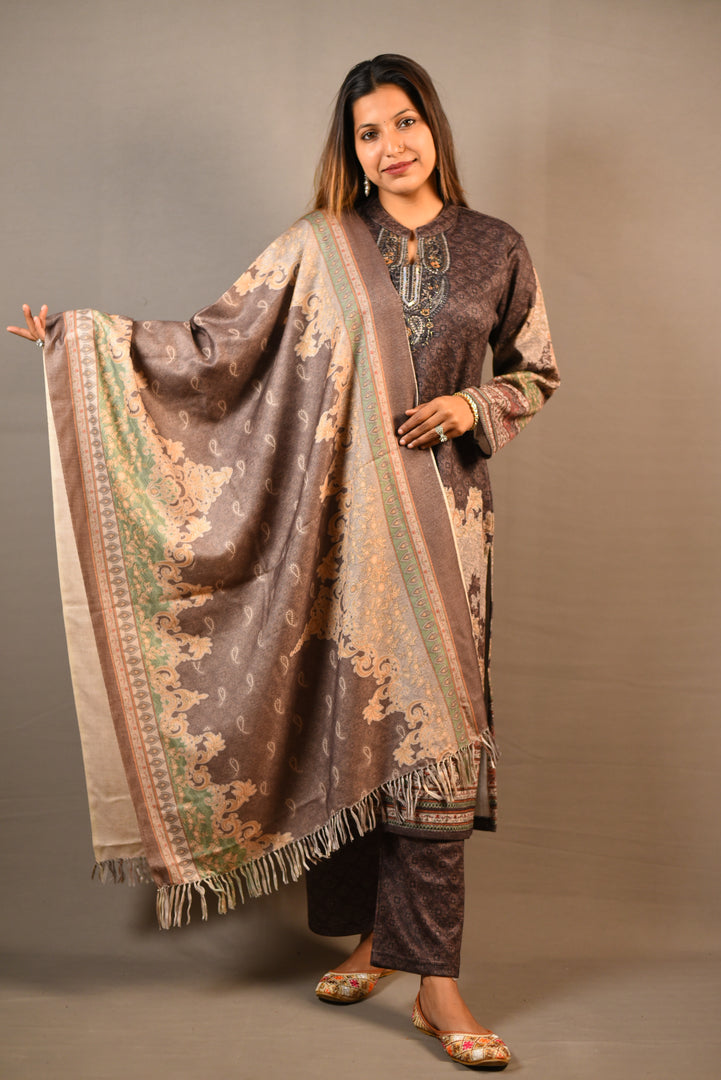 Brown Karachi handwork on neck Print Woolen 3 Piece Suit