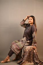 Load image into Gallery viewer, Brown Karachi handwork on neck Print Woolen 3 Piece Suit
