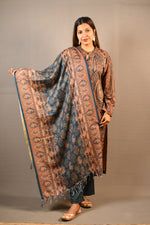 Load image into Gallery viewer, Blue Karachi handwork on neck Print Woolen 3 Piece Suit
