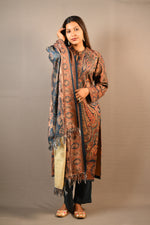 Load image into Gallery viewer, Blue Karachi handwork on neck Print Woolen 3 Piece Suit
