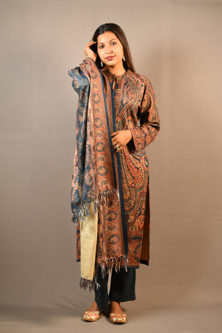 Blue Karachi handwork on neck Print Woolen 3 Piece Suit