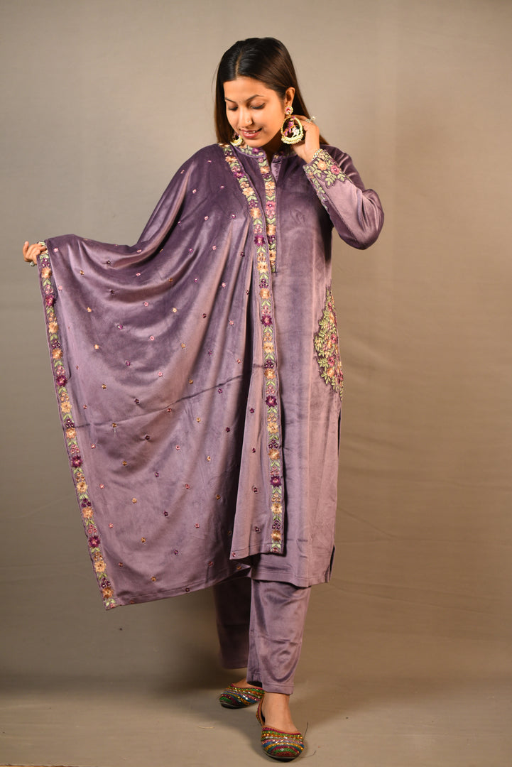 Purple Soft Premium Velvet Floral Embroidered Suit