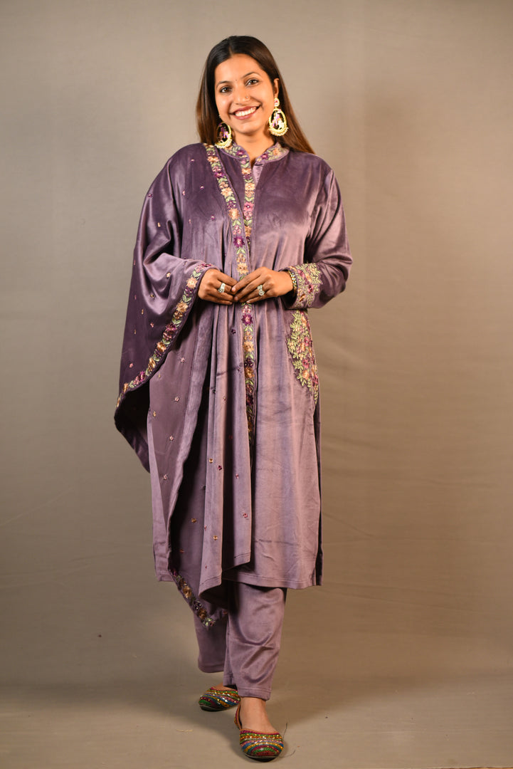 Purple Soft Premium Velvet Floral Embroidered Suit