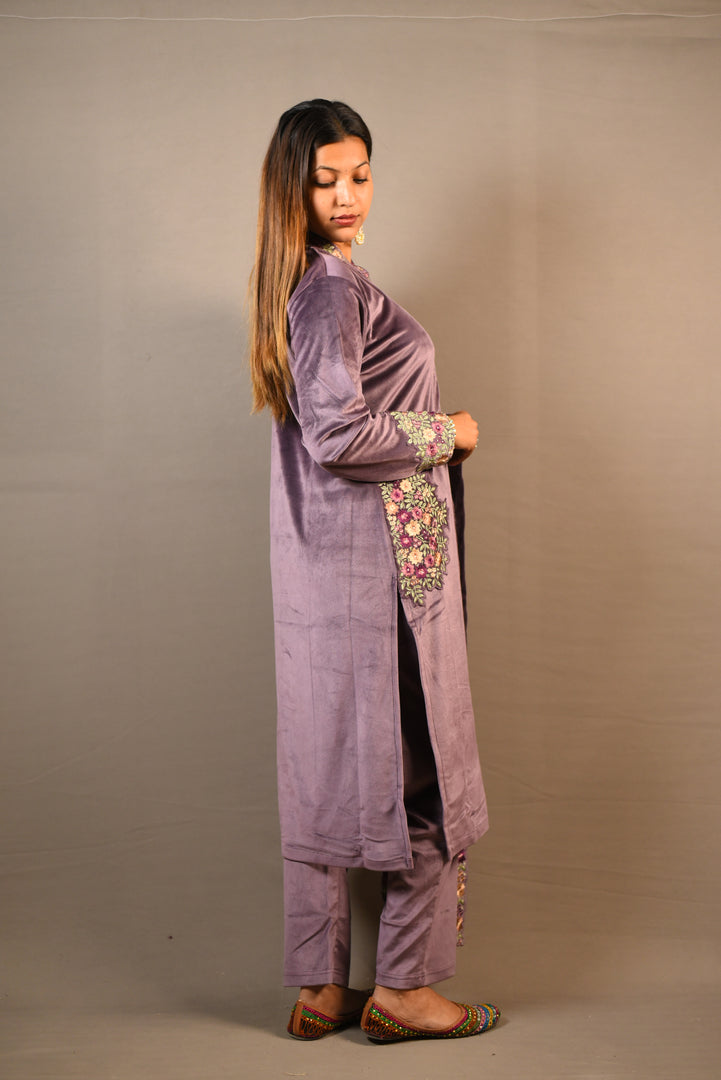 Purple Soft Premium Velvet Floral Embroidered Suit