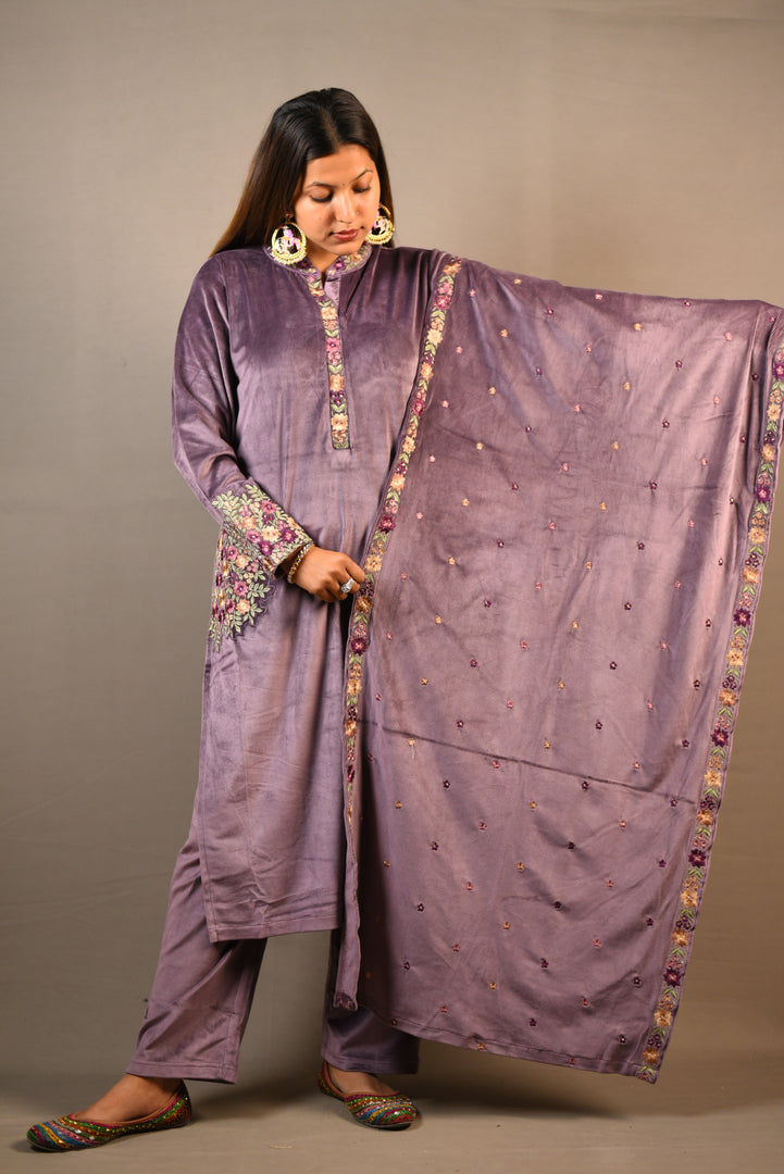 Purple Soft Premium Velvet Floral Embroidered Suit