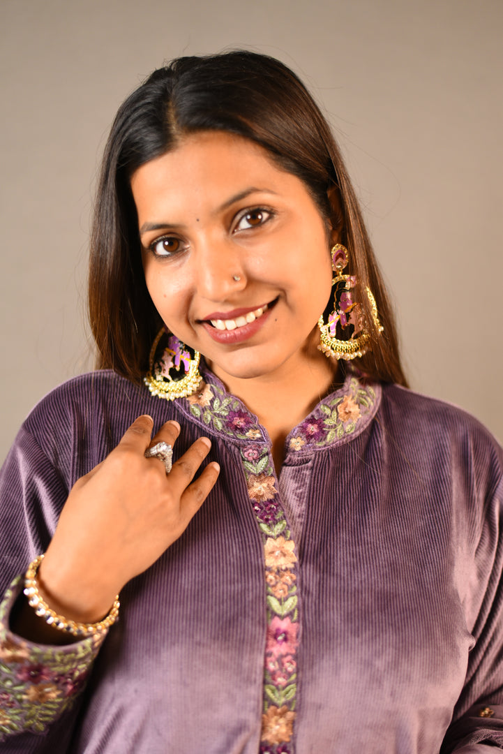 Purple Soft Premium Velvet Floral Embroidered Suit