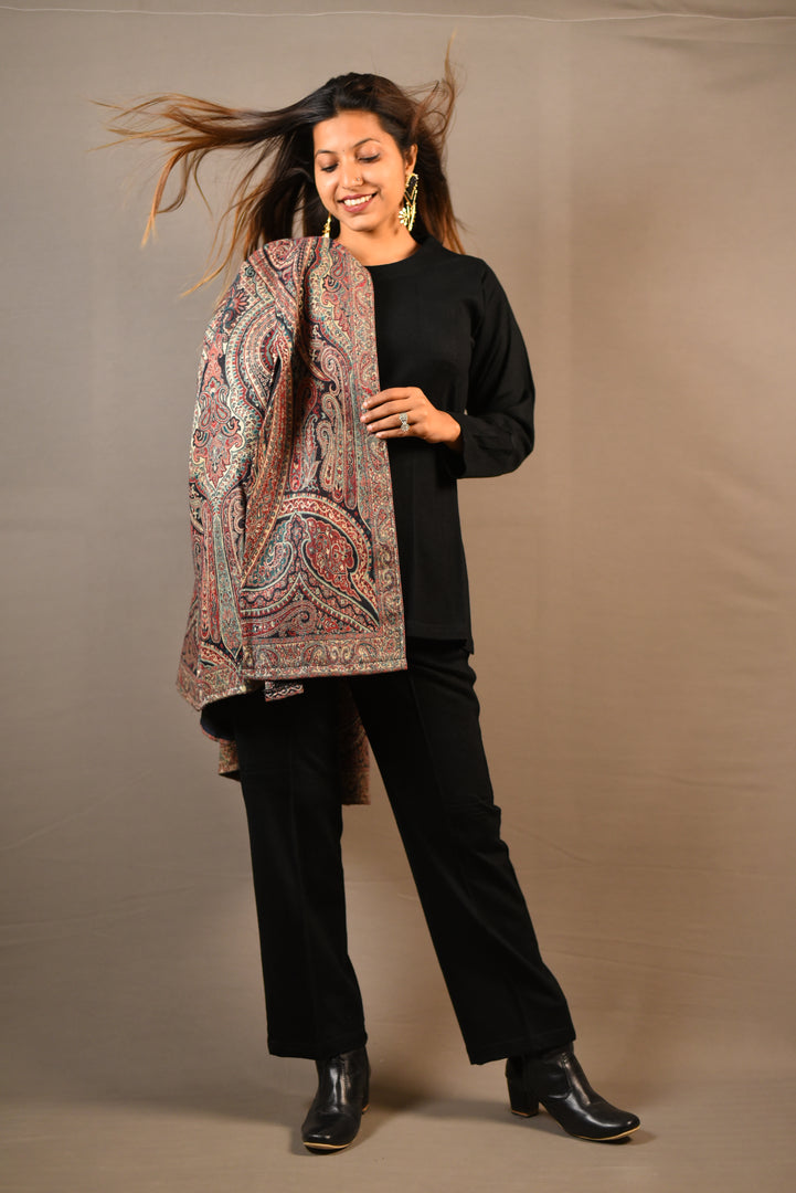 Multi Color Traditional Printed Fine Wool Silk Cape Dress