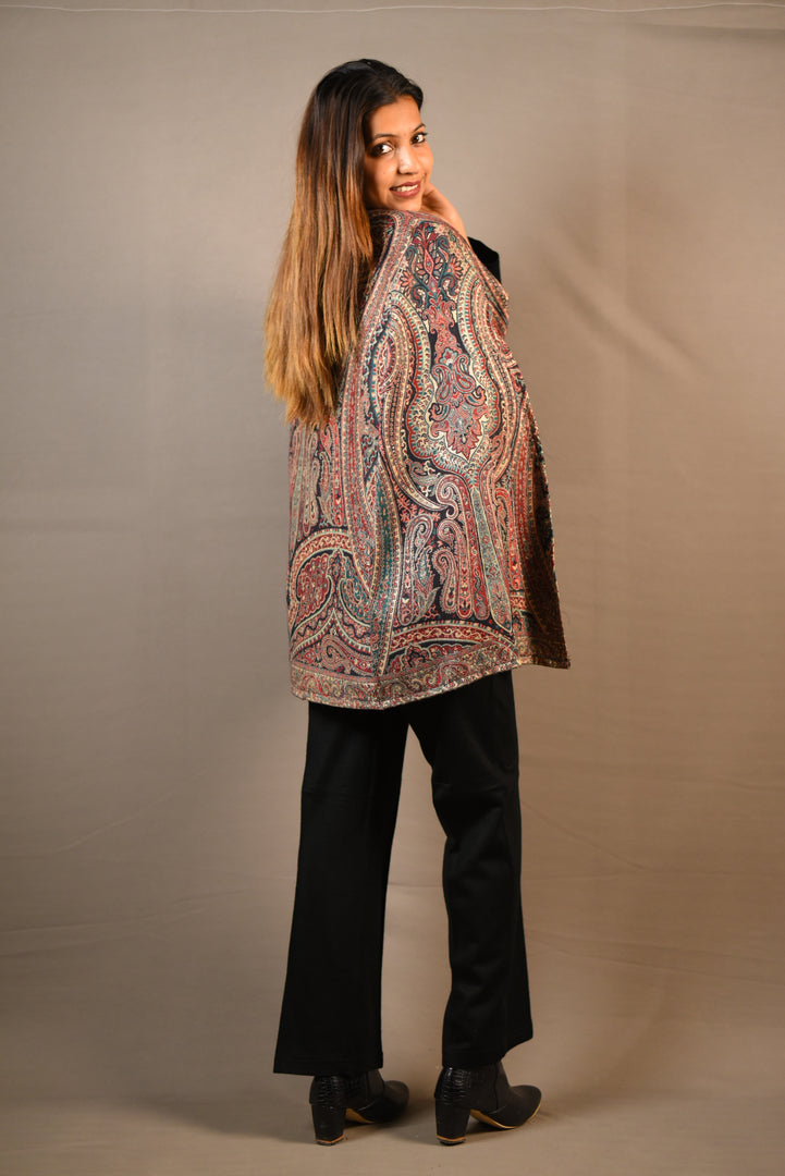 Multi Color Traditional Printed Fine Wool Silk Cape Dress