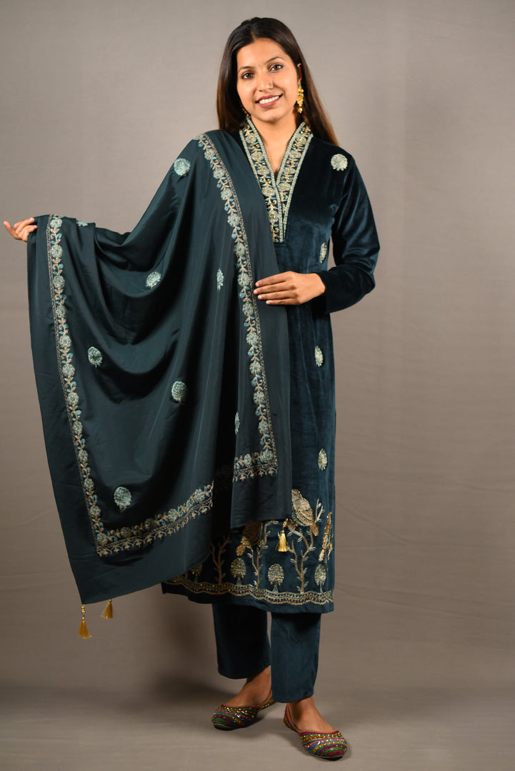 Green Soft Premium Velvet Floral Embroidered Suit