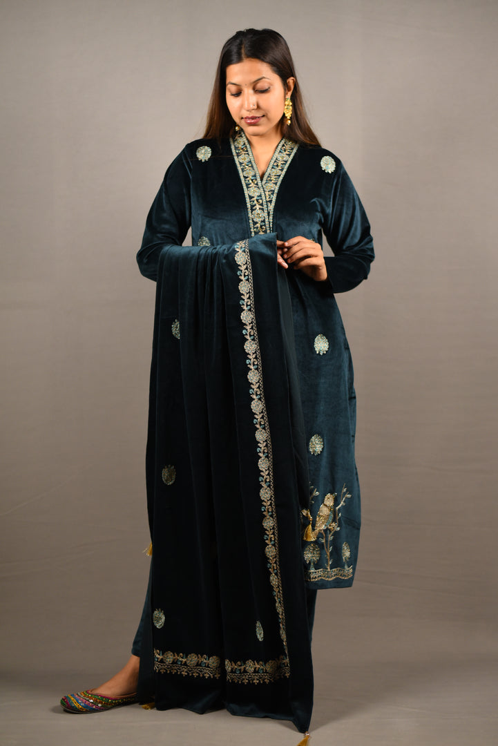 Green Soft Premium Velvet Floral Embroidered Suit