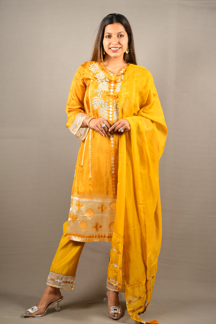 3 Piece cotton silk suit with organza Dupatta