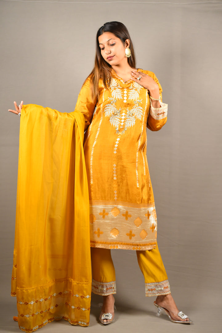 3 Piece cotton silk suit with organza Dupatta