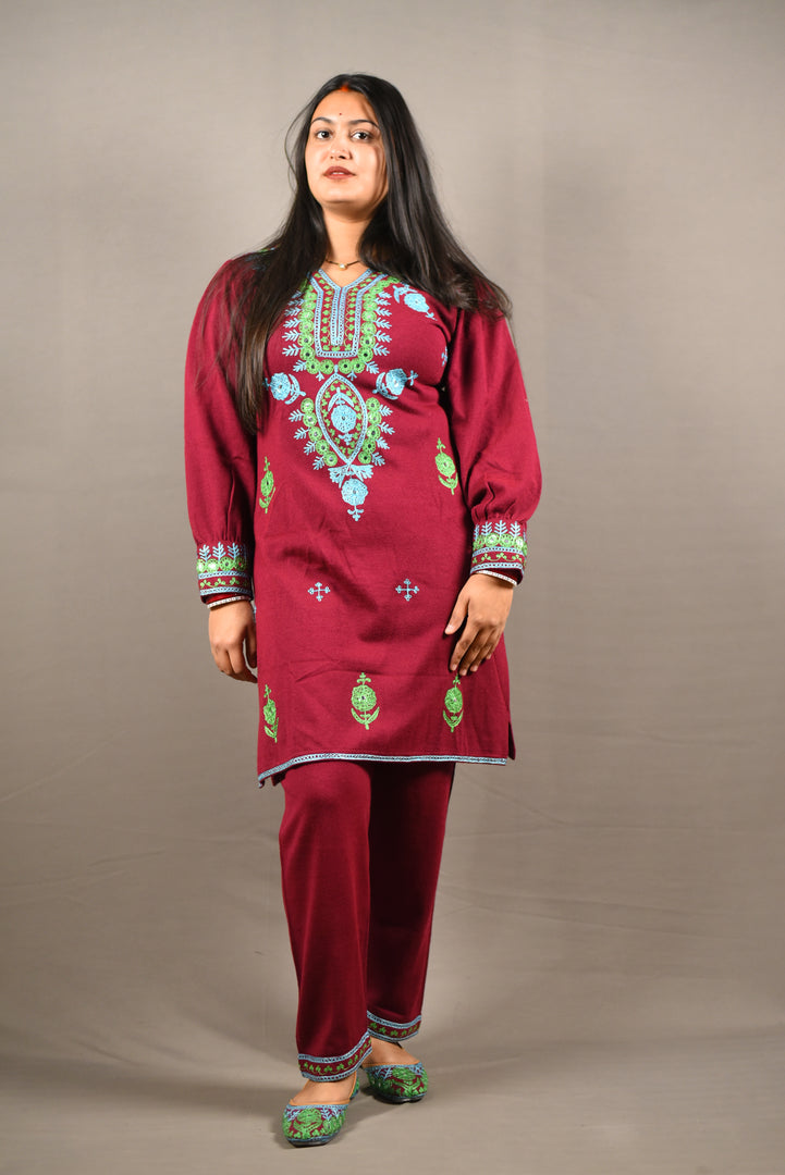 With Jutti Maroon embroidered soft Woolen 2 Piece