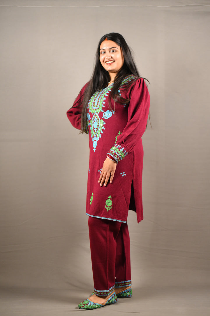 With Jutti Maroon embroidered soft Woolen 2 Piece