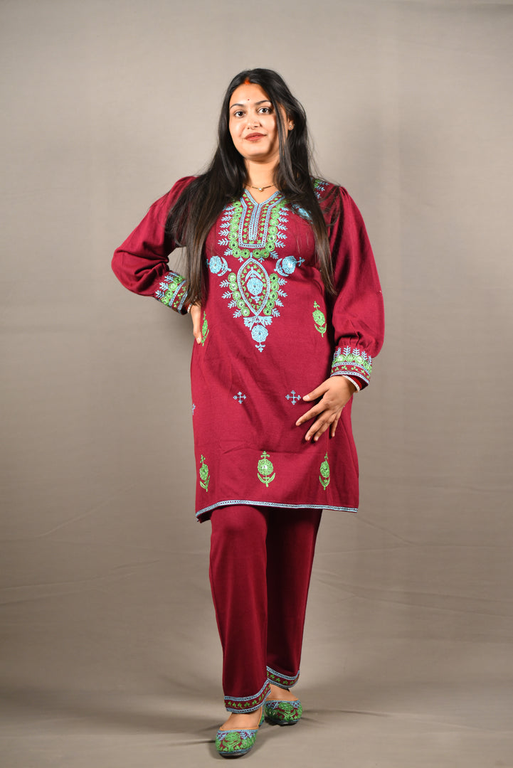 With Jutti Maroon embroidered soft Woolen 2 Piece